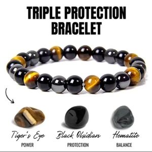 TRIPLE PROTECTION Bracelet ~ Natural Stone Hematite, Tiger's Eye, Black Obsidian